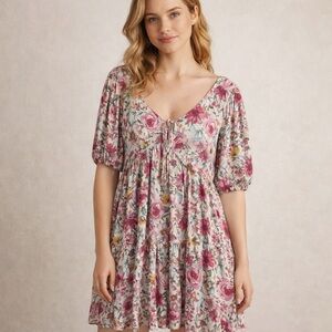 Lovestitch 
Floral Open Back Tie Mini Dress | Romantic Puff Sleeve Boho Babydoll